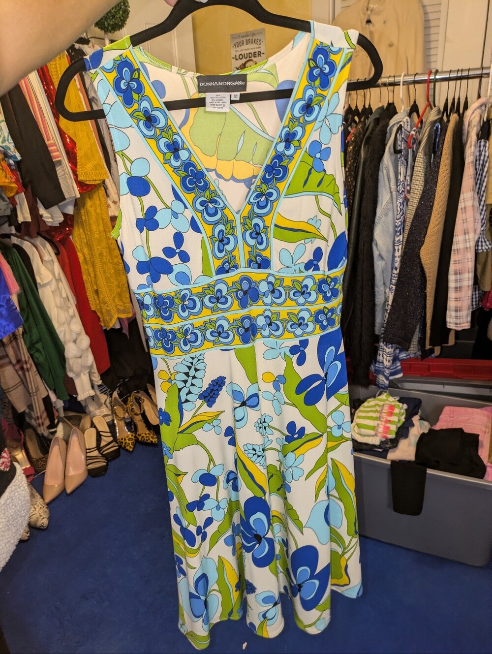 Donna Morgan Sz 10 Retro Floral V-Neck Knee Length Stretch Dress Blue Lime Green